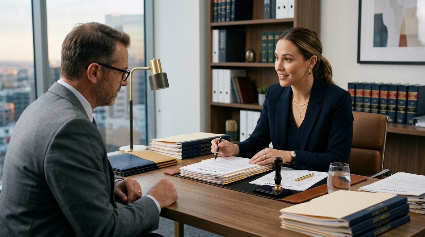 Legal document specialist explaining power of attorney paperwork to a client