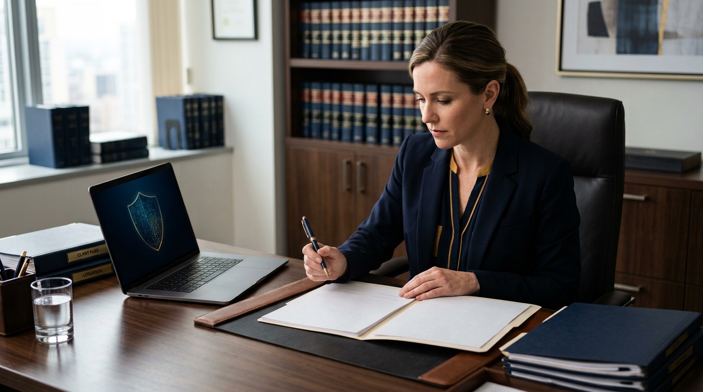 Person reviewing legal documents with digital security protection