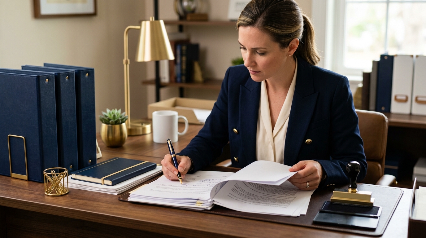 Small business owner reviewing legal documents and contracts
