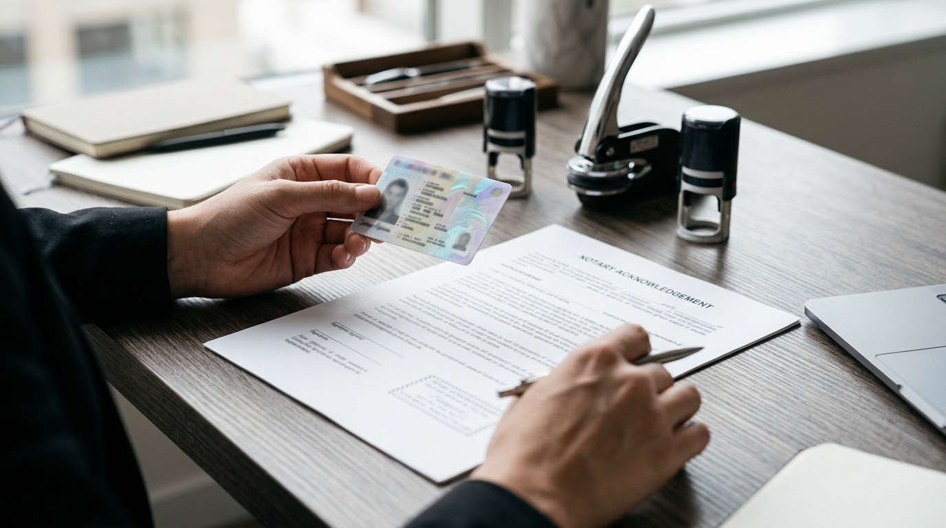 Notary verifying identification to reduce the risk of forged property documents