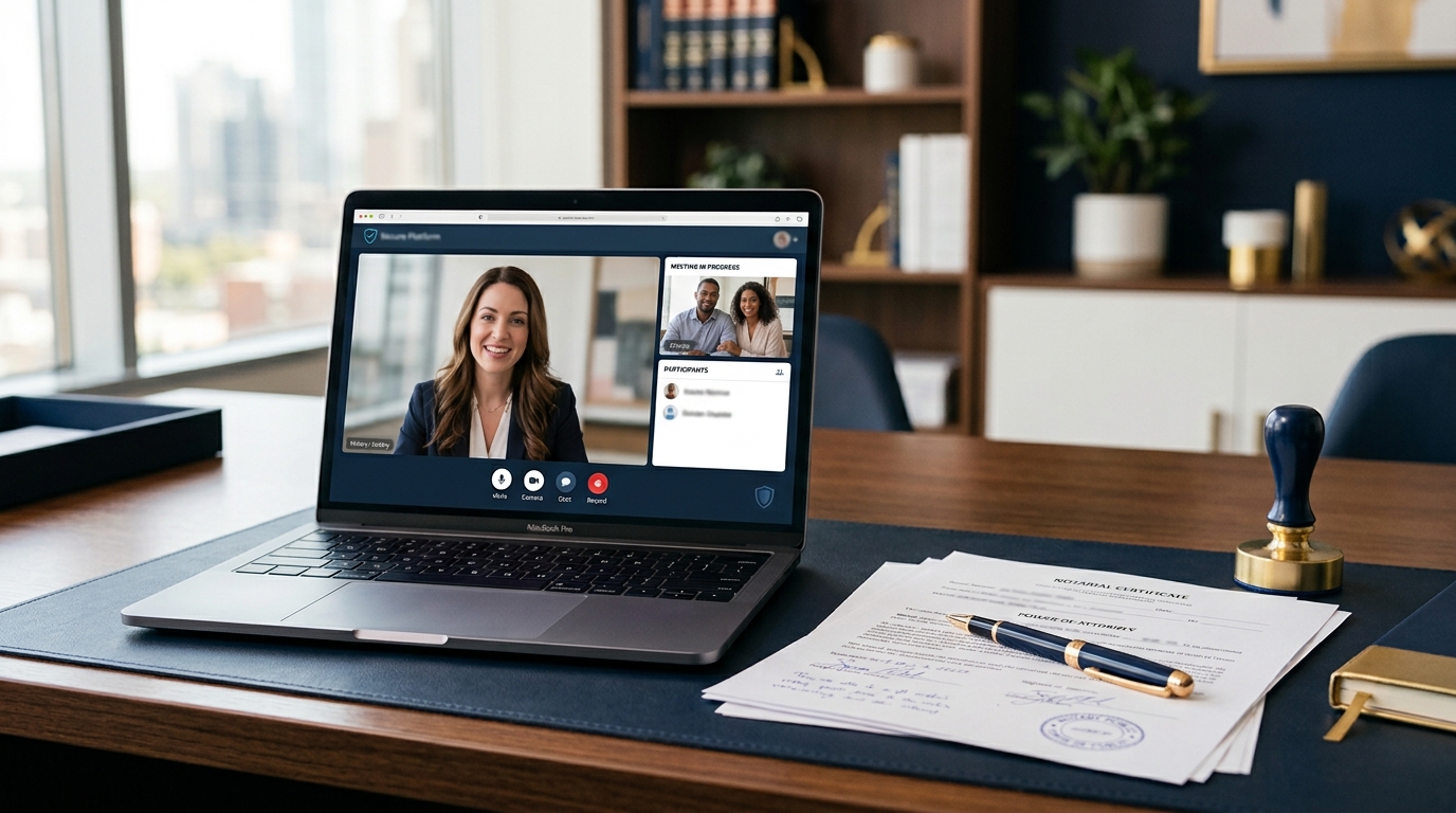 Remote online notarization setup with laptop, documents, pen, and notary stamp